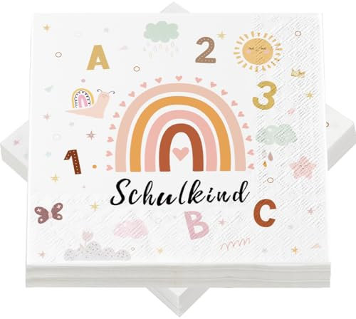 Servietten Schulkind, 40 Stück Regenbogen Einschulung Servietten, Serviette Endlich Schulkind mit ABC, 3-lagig Schulanfang Papierservietten für Kinder Schuleinführung Schule Tischdeko, 33 x 33 cm
