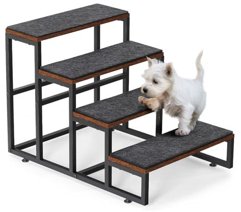 CADUKE Hundetreppe für kleine Hunde, rutschfeste Katzentreppe für alte Katzen, 4 Stufen Haustiertreppe aus Metall und Holz für Sofa, Bett, 40 * 60 * 43cm