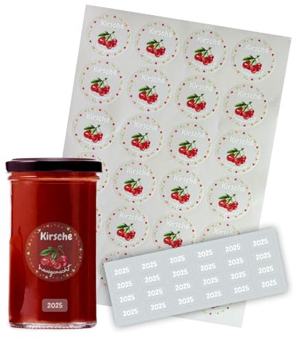 FOTOFOL transparente Aufkleber Marmelade - selbstklebende Etiketten für Marmeladengläser, Deckeletiketten, Einmachgläser (Kirsche)