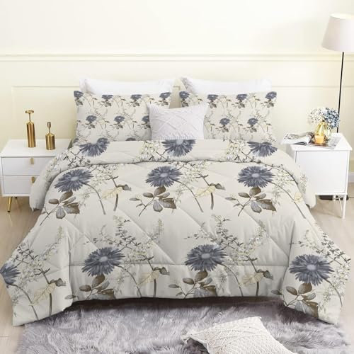 Bettdecke 135x200 4 Jahreszeiten, Pflanze Beige Vierjahreszeiten Steppdecke 135x200, Warme Ganzjahresdecke Graublaue Blumen Bettdecke ohne Bezug Waschbar Schlafdecke mit 2 Kissenbezug 80x80cm