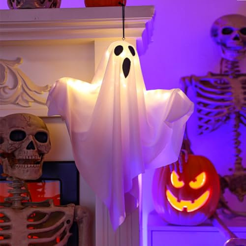 Starnearby Halloween Deko Outdoor, LED Hängende Geister 50CM, Lichterketten Halloween Geist Hängende Dekoration für Party, Terrasse, Rasen, Garten, Vorgarten Deko (1Pcs Weiß)