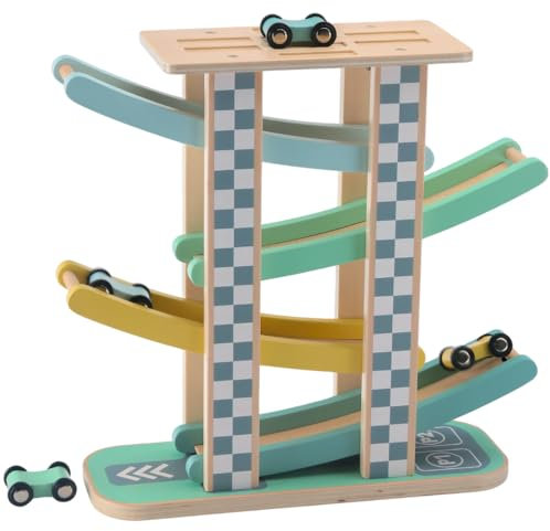 MERKAN, Holzbahn - Auto Rutsche - 4 Etagen, 4 Etagen, 4 kleine bunte Spielzeug, für Kinder ab 18 Monate Holzbahn Marmor Kinderautobahn