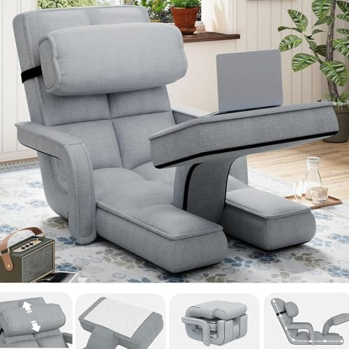 UNIONLINE Verstellbarer Bodenstuhl, zusammenklappbar, mit Armlehnen, Gaming-Lounge-Liege mit Kissen und Fußstütze, Einzelstuhl, Bett für Schlafzimmer, Zuhause, Büro, Grau