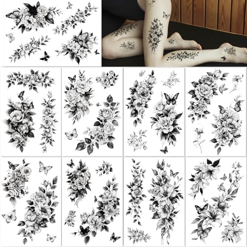 CHARLENT 33 Stück Große Blumen Temporäre Tattoos für Damen, Rosen | Realistische schwarze Blumen Tattoos als Body Art für Arm, Brust, Beine, Schultern und Bauch, elegante Looks für Frauen