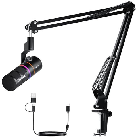 COMICA EJoy D10 (A) Micrófono USB para juegos, micrófono de brazo con cancelación de ruido, XLR/USB-C, monitoreo en tiempo real, silenciamiento, micrófono de estudio profesional RGB para juegos