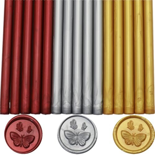 Wax Seal Sticks, Atopbb Gold 15 Pcs Glue Gun Wax SealingSticks for WaxSeal Stamp, 3 Colors SealingWaxSticks Set for 0.28'' Glue Gun WaxSealing, Wedding Invitations, Letter Envelopes (15, Gold)