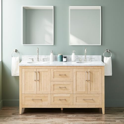 Signature Hardware 955154-60-UM-3 Arrietty 60 Freestanding Bamboo Double Basin Vanity Set with Cabinet, Vanity Top, and Oval Undermount Sinks - 8 Widespread Faucet Holes - Natural Bamboo/Carrara