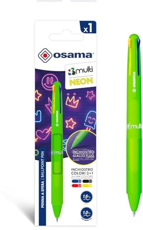 OSAMA 4 Multi Neon - Stylo 4 Couleur Personnalisé, 1 Pièce - Stylo Bille 1 mm avec Encre Noire, Bleue, Rouge et Jaune Fluo (Mine 1.6 mm) - Stylos Couleur pour Papeterie, Fourniture Scolaire et Bureau
