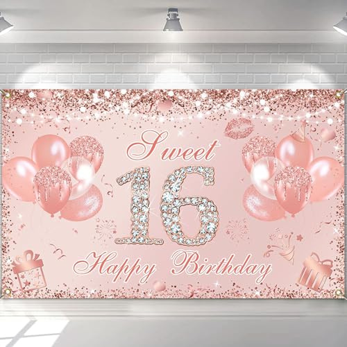 Avezano Happy 16th Birthday Banner für Mädchen Rose Gold Hintergrund Banner Dekorationen Mädchen 16. Geburtstag Foto Hintergrund Banner Party Supplies 70,8 x 43,3 Zoll