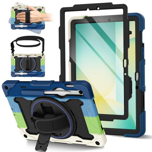 ROSROME Case for Samsung Galaxy Tab S10 Lite/S10 FE/ S9 FE 10.9-Inch/S9 11 | with Screen Protector, Shockproof Kids Tablet Cover, 360°Rotating Stand/Shoulder Strap/Penicl Holder, Blue