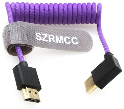 SZRMCC 8k 2.1 HDMI to HDMI Right Angle Ultra High Speed Coiled Braided Cable for Z Cam E2 Sony FX6 FX9 Canon EOS C70 C300 Portkeys BM5 Atomos Ninjav V Shogun Monitor
