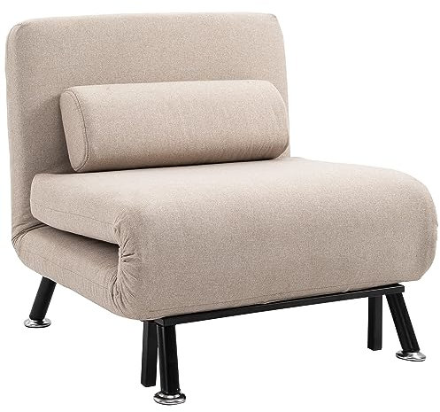 HOMCOM Sofá Cama de 1 Plaza 3 en 1 Sofá Cama Plegable Tapizado en Lino con Respaldo Ajustable de 5 Niveles y Almohada Acolchada para Oficina Dormitorio Salón 75x70x75 cm Beige