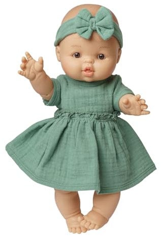 Heless 54022 - Mädchen Babypuppe Gordi von Paola Reina, mit Musselin-Kleid in Salbeigrün und passendem Haarband, 100 Prozent Bio-Baumwolle, Puppe in der Größe 34 cm