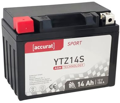 Accurat Motorradbatterie YTZ14S - 12V, 14Ah, 150A, rüttelfest, wartungsfrei - Starterbatterie, AGM Batterie in Erstausrüsterqualität für Rasentraktor, Roller, Motorrad, Quad