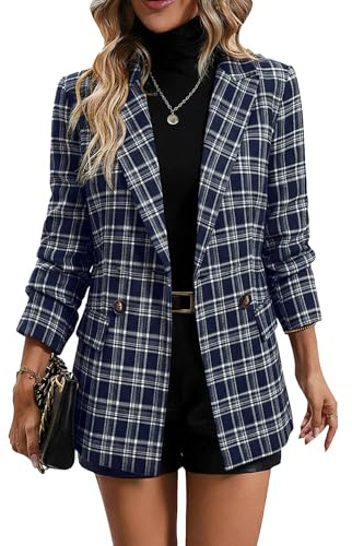 Mina Self 2025 Damen Hahnentrittmuster Plaid Blazer Voll Gefüttert Elegant Business Anzug Casual Büroanzug mit Taschen