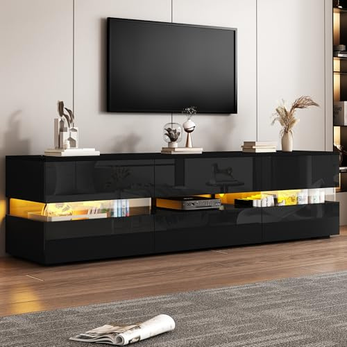 ECLIVON TV-Schrank Fernsehschrank mit LED Streifen, Fernsehtisch 160 cm lang für Fernseher von 55 bis 70 Zoll, Lowboard TV Board mit Stauraum Schubladen und Türen, Sideboard für Wohnzimmer (Schwarz)
