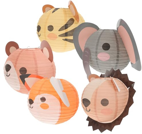 5 Papierlaternen mit Cartoon Tieren, Faltbar, Eisenrahmen, 25x25x25cm | Aufhängen, Leicht zu Falten, 5 Stück-Pack, Papier und Eisen, für Kindergeburtstage