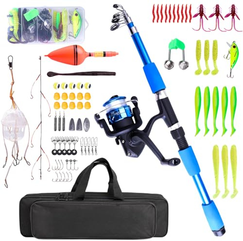 RNPKZ Angelset für Kinder, 1,8m Kinderangel Starter Set, Angelrute Set Kinder mit Angelrolle und Köder Set, Kohlefaser Teleskop Angelruten und Rolle, Angel Zubehör für Jungen, Mädchen, Anfänger (Blau)