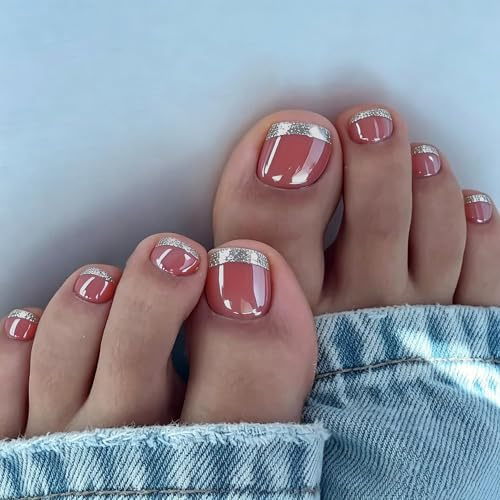 SXVME Press On Toe Nails with Glitter Sliver French Tip - 32 Pcs Short False Toenails, Square Stick On Toenails for Women Summer Pedicure, Thick Reusable Cute Fake Toe Nails in 16 Sizes, Dusty Rose