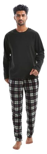 Pigiama da uomo a maniche lunghe in pile termico con pantaloni a quadri Nero L