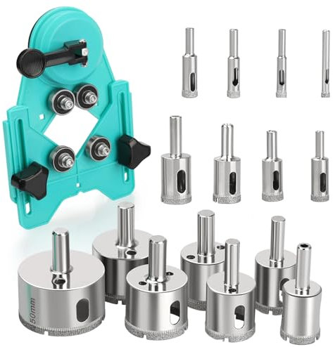 Hole Saw Set,15Pcs Diamond Drill Bits with Hole Saw Guide Jig Fixture,Coated Core Drill Bits, Adjustable Hole Saw Centering Locator Suction Holder for Glass,Ceramics,Tile
