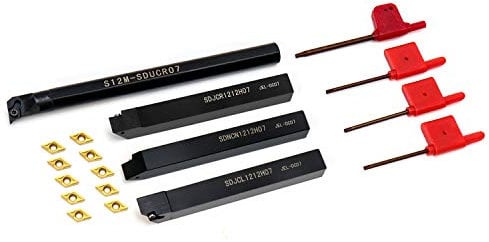 QWORK® - Portautensili per tornio , 4 pezzi 12 mm S12M-SDUCR07 / SDNCN1212H07 / SDJCL1212H07 / SDJCR1212H07 ,10 pezzi DCMT0702 inserti in metallo duro , 4 pezzi tornio chiave