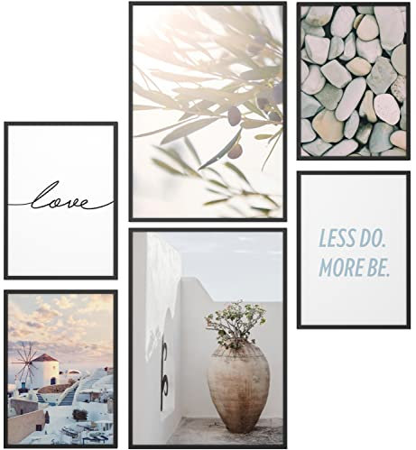 Papierschmiede® Mood Poster Set Greek Love, Gerahmte Bilder (Rahmen: Material und Farbe wählbar), Wohnzimmer Deko Schlafzimmer, 2x DIN A3 und 4x DIN A4, Griechenland Oliven Liebe Blau