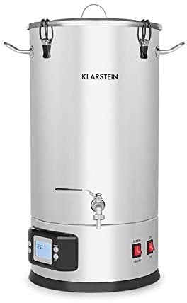 Klarstein Maischfest - Bierbrauset, Maischekessel, Bierbrauanlage mit 2 Stufen: 1500/3000 W, Bier Brauen 5-teiliges Set, Filtrier-Eimer, Kühlspirale, LCD-Display, Edelstahl, 25 Liter, Edelstahl