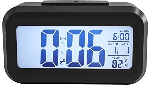 Youyijia Backlit Digital Alarm Clock Bedside Alarm Clock Battery Digital Clock with Date Temperature, Big LCD Digit Display, Backlit, Snooze, Smart Brightness Sensor for Home Office Travel (Black)