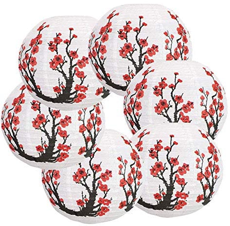 Wobekuy 6Er Pack 12 Zoll Rote Kirsche Blumen Papierlaterne Weii Runde Chinesische Japanische Papierlampe für Home Wedding Party Dekoration
