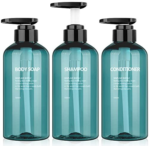 weegoo 3Pcs 500ML Empty Blue Plastic Pump Soap Dispenser Reusable and Refillable with Wash Hand Liquid, Shower Gel, Shampoo and Conditioner Bottles