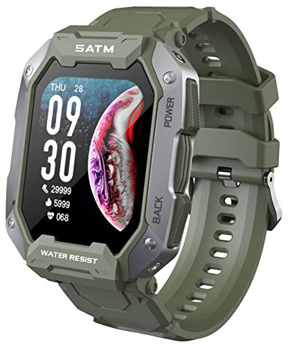 Smartwatch Herren Militär Uhr 1,72 Zoll Fitnessuhr 5ATM IP69K Wasserdicht 24 Sportmodi Outdoor Sportuhr Tactical Watch mit Blutdruckmessung Gesundheitsuhr Pulsuhr Fitness Tracker für IOS und Android