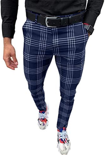 ORANDESIGNE Pantalons de Sport Casual Jogging Été À Carreaux Slim Grande Taille avec Poches Ceinture Élastique Mode Casual Jogger Pant D Bleu Foncé 3XL