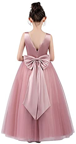 IWEMEK Elégante Fille Robe Mariage Satin avec Grand Nœud Papillon sans Manche Col en V Tulle Multicouche Princesse Mariée Demoiselle d'honneur Soirée Anniversaire Bal Pageant Longue Maxi Rose 5-6 Ans