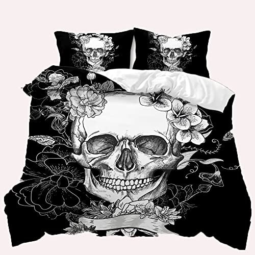Bettwäsche 135x200 3D-Druck Blumen und Schädel Bettbezug Rose Totenkopf Bettwäsche Gothic Bettdecke Skull Motiv Bettwäsche Set mit Kissenbezug (Handbemalte Schädel,220 x 240 cm)