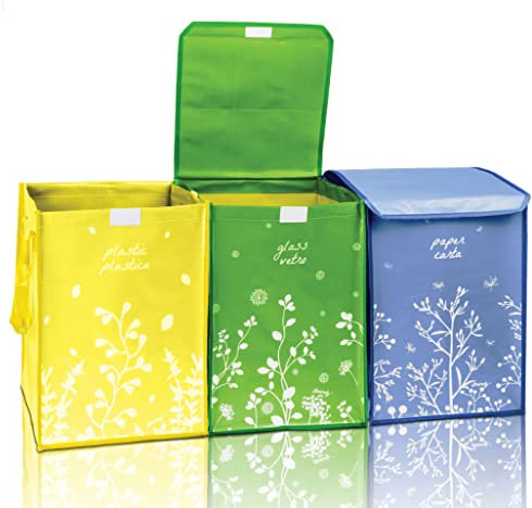 iBoscoly Juego de 3 Cubos de Basura y Reciclaje con Tapa - Contenedor de Basura Residuos y Reciclaje - Fáciles de Vaciar (Edición en Color)