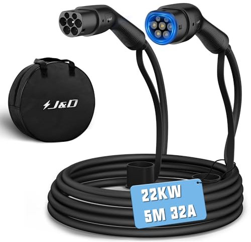 J&D Typ 2 Ladekabel, Modus 3 / 32A / 22 kW / 3-Phasig / 5 Meter, Mode 3 Typ 2 EV Ladekabel für Elektroauto mit Tragetasche kompatibel für Model S/3/X/Y e-Golf ID.3 i3/i8