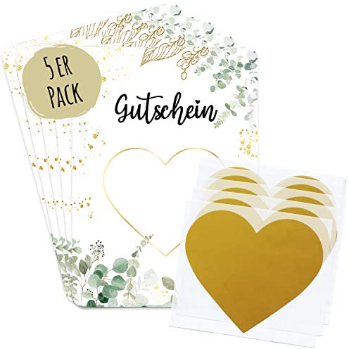 JEKA 5 Rubbellose selbst machen, Rubbelkarte zum selbst beschriften – Gutschein selbst machen mit Rubbelherz Gold, Geschenk Gutschein, Gutschein Karte