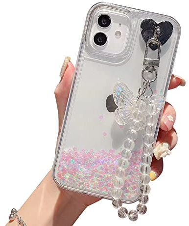 PALIFU Floating Glitter Liquid Case for iPhone 7 Plus/8 Plus/6S Plus/6 Plus 5.5,3D Bling Sparkle Pink Diamond for Girls Quicksand Crystal Clear Shockproof Cover with Butterfly Chain Pendant Design
