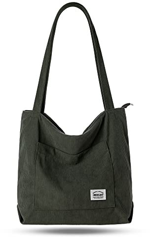 Mixgee Cord Tote Tasche Damen Umhängetasche mit Reißverschluss Groß Shopper Tasche Schultertaschen Handtasche für Arbeit Büro Schule Reisen Einkaufen und Alltag-Army Green