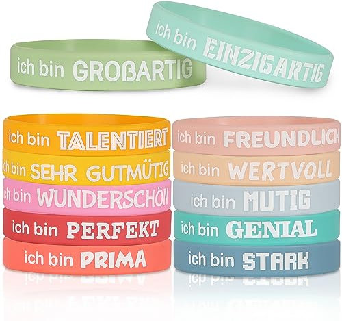 COLOFALLA 12Pz Braccialetti Silicone Pastello Braccialetto Motivazionale Silicone Bracciale Sport Gomma Scritte Tedesche Decorazioni Festa Compleanno Gadget (A)