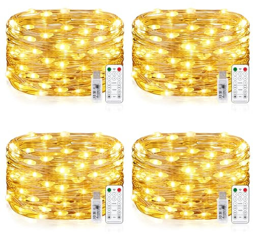 Wasserdicht Draht Lichterkette, 4 x 10M 100 LED USB Weihnachten Außenlichterkette Micro Lichterkette Außen und Innen mit Fernbedienung 8 Programm und Timer für Schlafzimmer, Party, Hochzeit