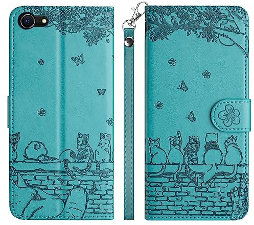 Aisenth Handyhülle für iPhone 7/8/SE 2020/SE 2022 (4,7 Zoll), Katze, Schmetterlings Muster Leder Handytasche Brieftasche Klapphülle Etui Schutz Hülle mit Ständer, Kartenfächer -Blau Grün
