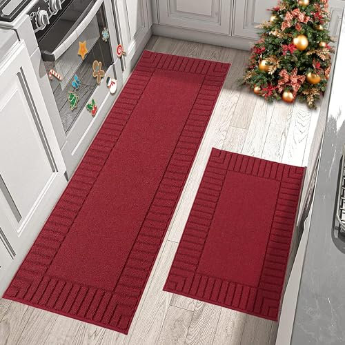 BEQHAUSE Kitchen Rugs Washable Kitchen Mats Floor Non-Slip Kitchen Mats Absorbent Kitchen Runner with TPR Non Skid Backing,Set of 2(60X89cm+60X152cm,Red)
