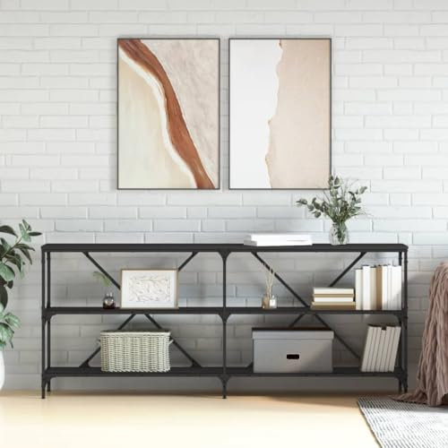 Homgoday Konsolentisch aus Eisen und Holz, Schwarz, 180 x 30 x 75 cm, Beistelltisch, Regal, Flur, Wohnzimmer, Schlafzimmer