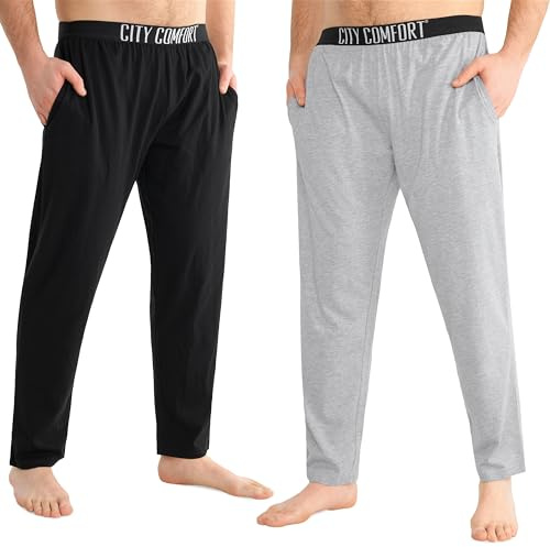 CityComfort Mens Pyjama Bottoms - Jersey Lounge Pants with Pockets, Pack of 2 (3XL, Black/Grey, Elasticated Waist)