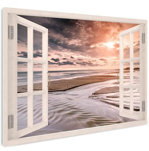 HEALANCY Bilder Natur Landschaft - KOMPLETT AUFHÄNGFERTIG - Wandbilder Wohnzimmer - Deko Modern - Schlafzimmer - Kunstdruck Wanddeko Küche - Strand Meer Fensterblick