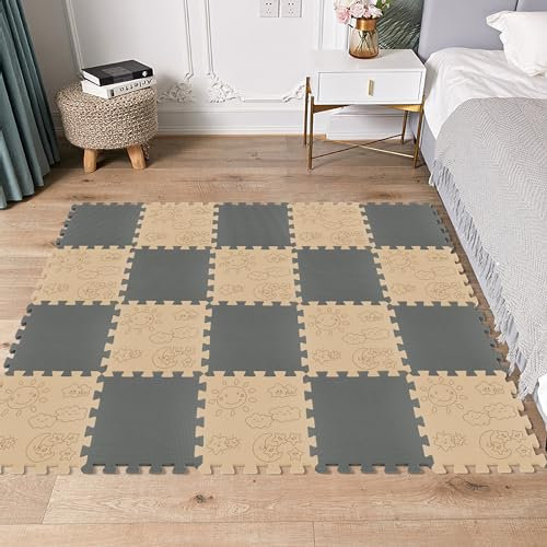 meiqicool Kinder Puzzlematte - Sun Star Moon - Beige + Grau - rutschfeste und abwischbare Schaumstoff-Spielmatte CL38-JLg20