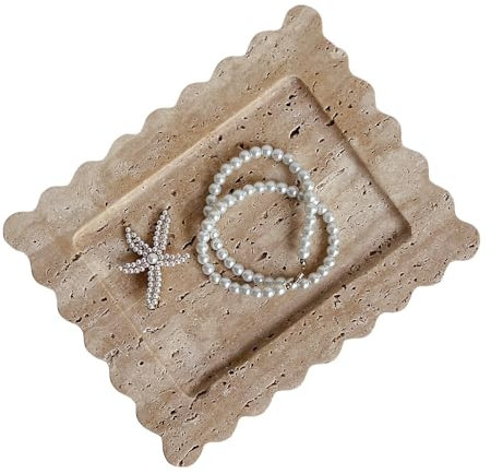 SAIDKOCC Natural Rectangle Travertine Tray, Scalloped Edge Marble Tray, Handmade Decorative Tray, Nightstand and Desk Wave Tray (Beige Travertine), HX-0104