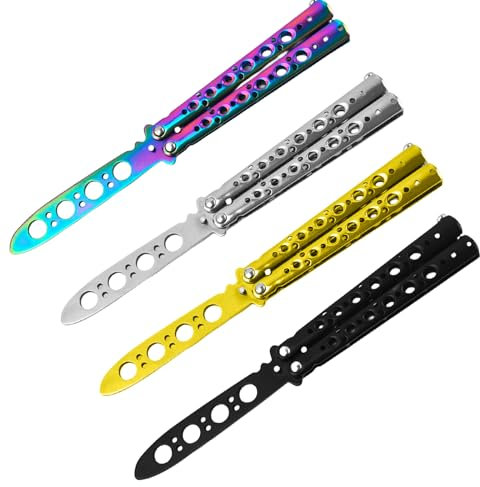 Sporgo 4 Stück Butterfly Trainer: Butterfly Messer zum Üben Ungeschärfte Klinge, Butterfly Kamm Edelstahl für Trainingsmesser AnfäNger-Der Flipping Tricks üBt (Schwarz+Silber+Farbe+Gold)(3)